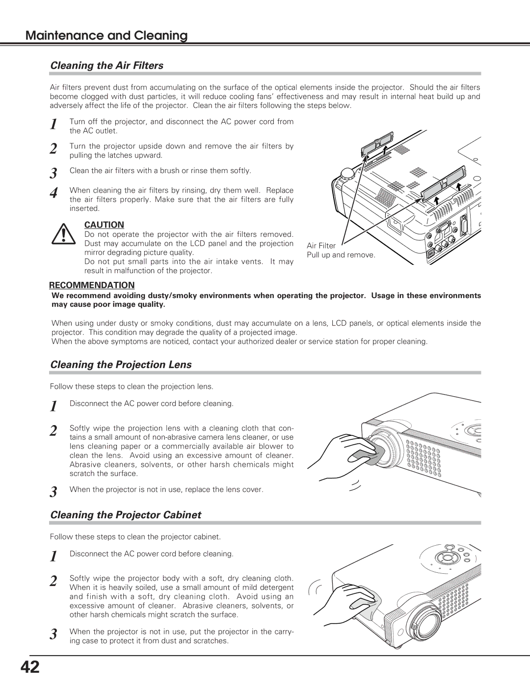 Sanyo PLC-SL20 owner manual Maintenance and Cleaning, Cleaning the Air Filters, Cleaning the Projection Lens 