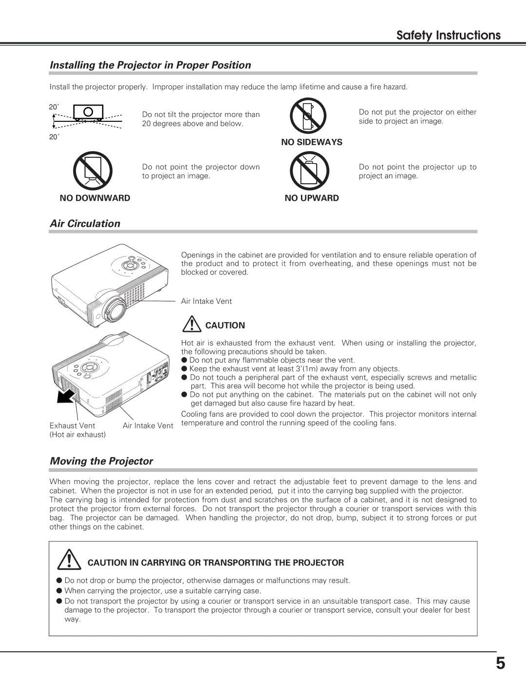 Sanyo PLC-SL20 Safety Instructions, Installing the Projector in Proper Position, Air Circulation, Moving the Projector 