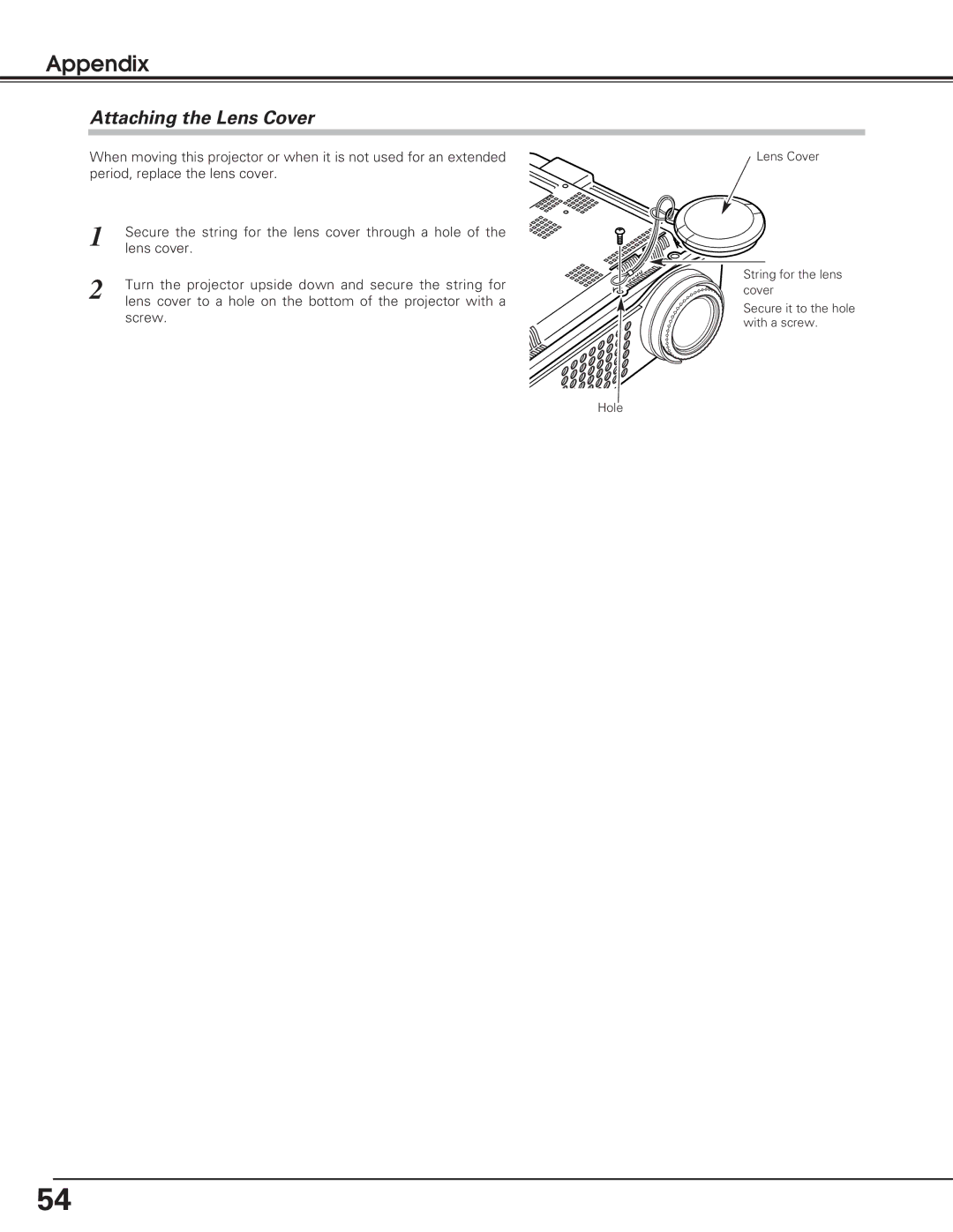 Sanyo PLC-SL20 owner manual Attaching the Lens Cover 