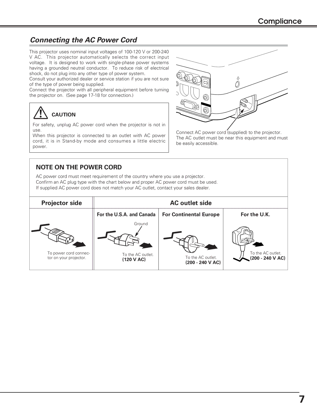 Sanyo PLC-SL20 owner manual Compliance, For Continental Europe For the U.K, For the U.S.A. and Canada, 200 240 V AC 