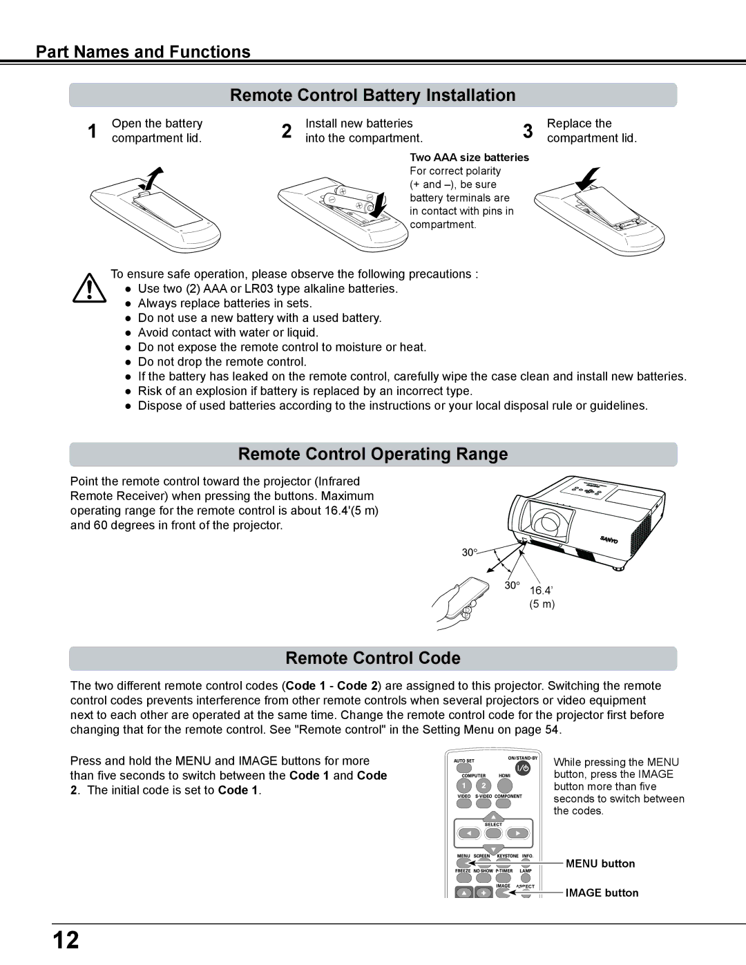 Sanyo PLC-WL2500 Remote Control Operating Range, Remote Control Code, Two AAA size batteries, Menu button, Image button 