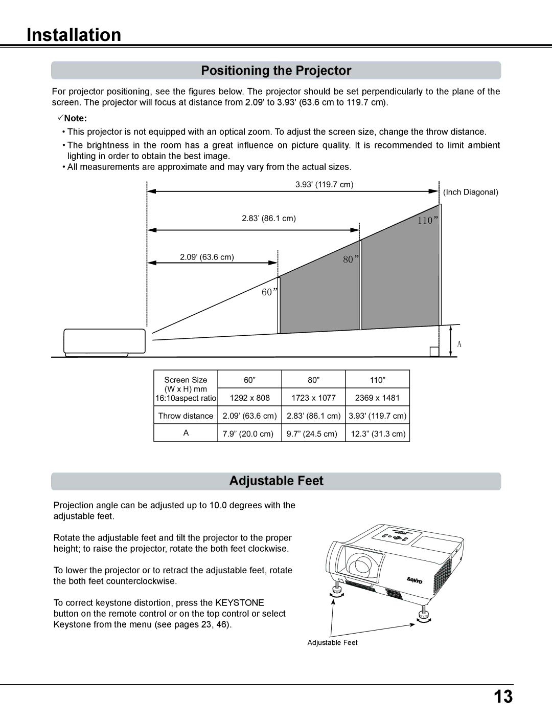 Sanyo PLC-WL2500 owner manual Installation, Positioning the Projector, Adjustable Feet 