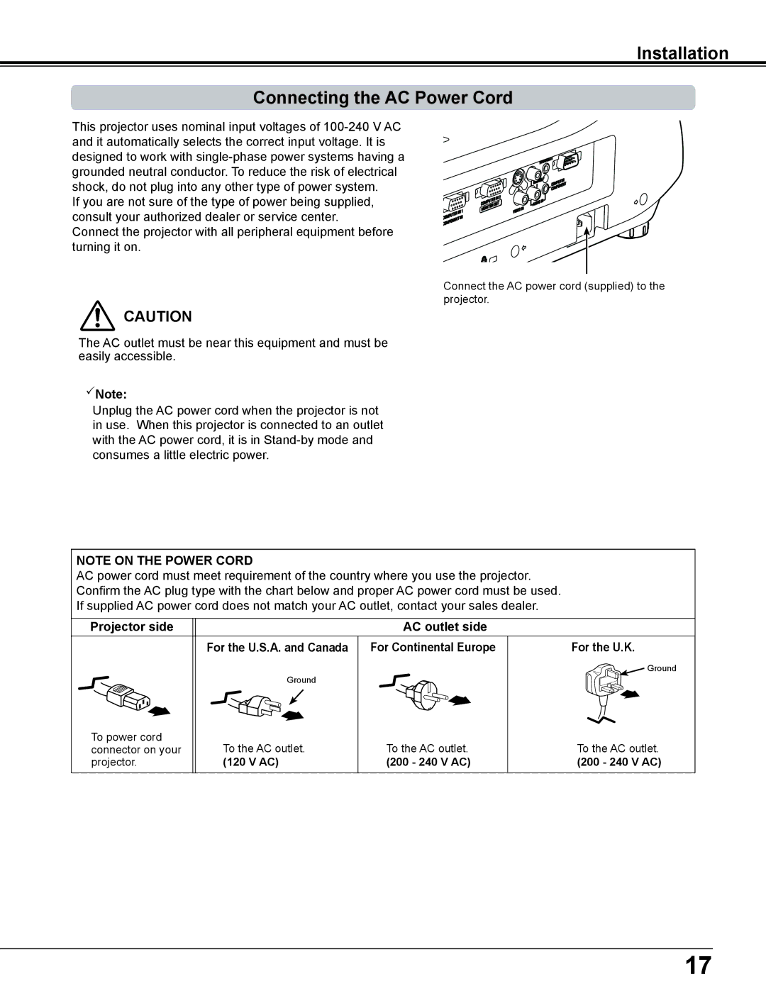 Sanyo PLC-WL2500 Installation Connecting the AC Power Cord, Projector side AC outlet side, For the U..S..A.. and Canada 