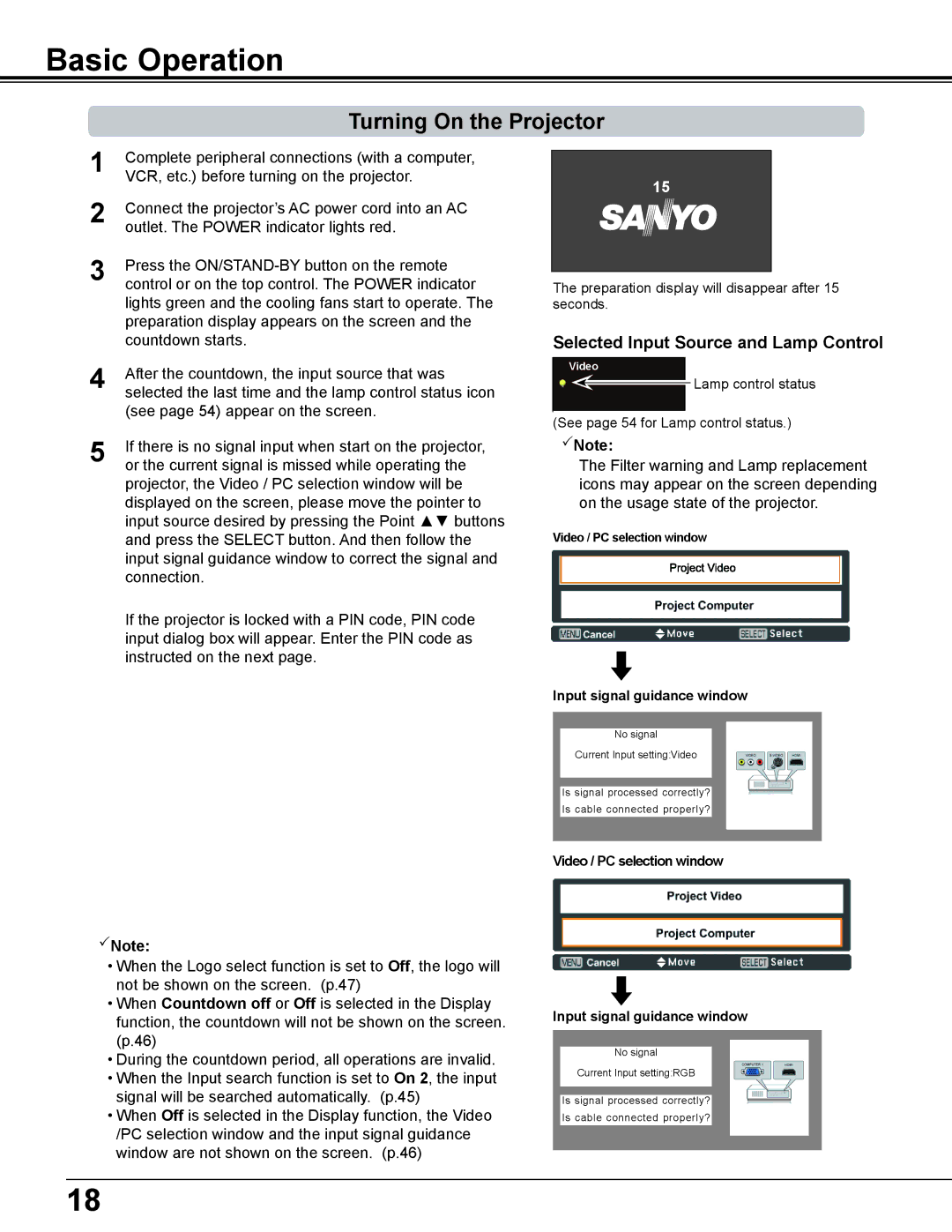 Sanyo PLC-WL2500 owner manual Basic Operation, Turning On the Projector, Selected Input Source and Lamp Control 