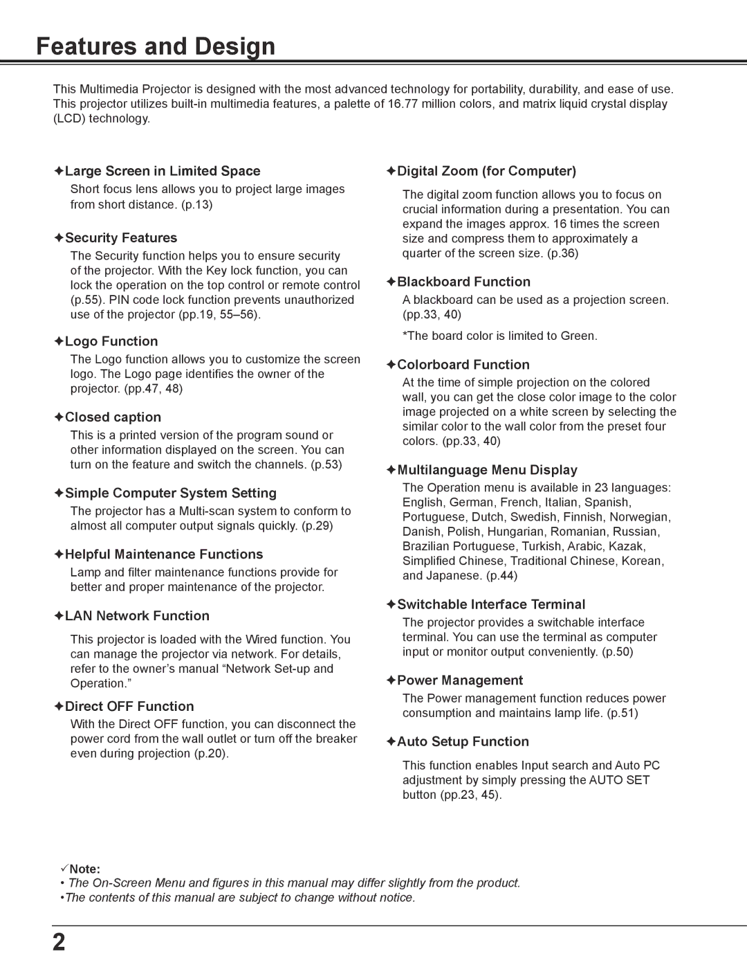 Sanyo PLC-WL2500 owner manual Features and Design 