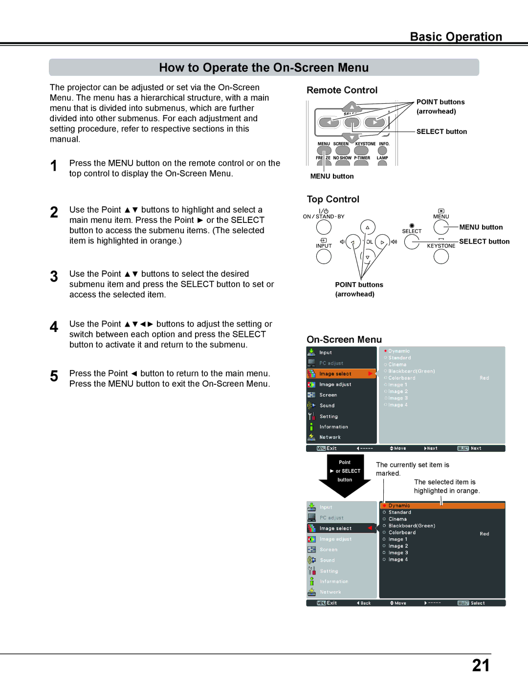 Sanyo PLC-WL2500 owner manual Basic Operation How to Operate the On-Screen Menu, Remote Control, Top Control 