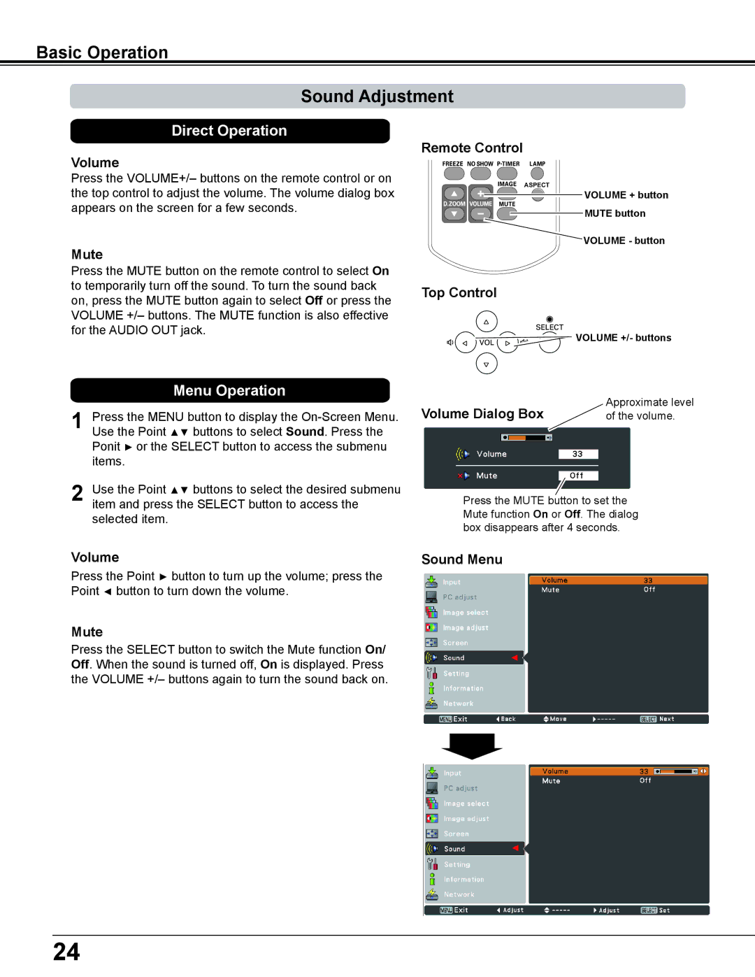 Sanyo PLC-WL2500 owner manual Basic Operation Sound Adjustment, Mute, Volume Dialog Box, Sound Menu 