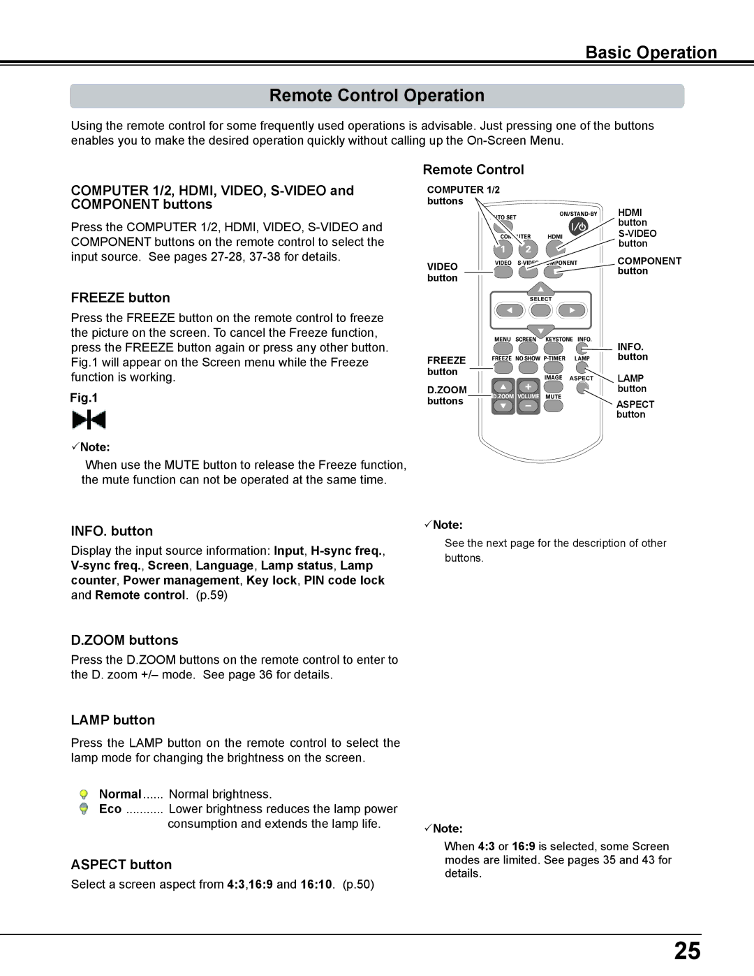 Sanyo PLC-WL2500 owner manual Basic Operation Remote Control Operation 