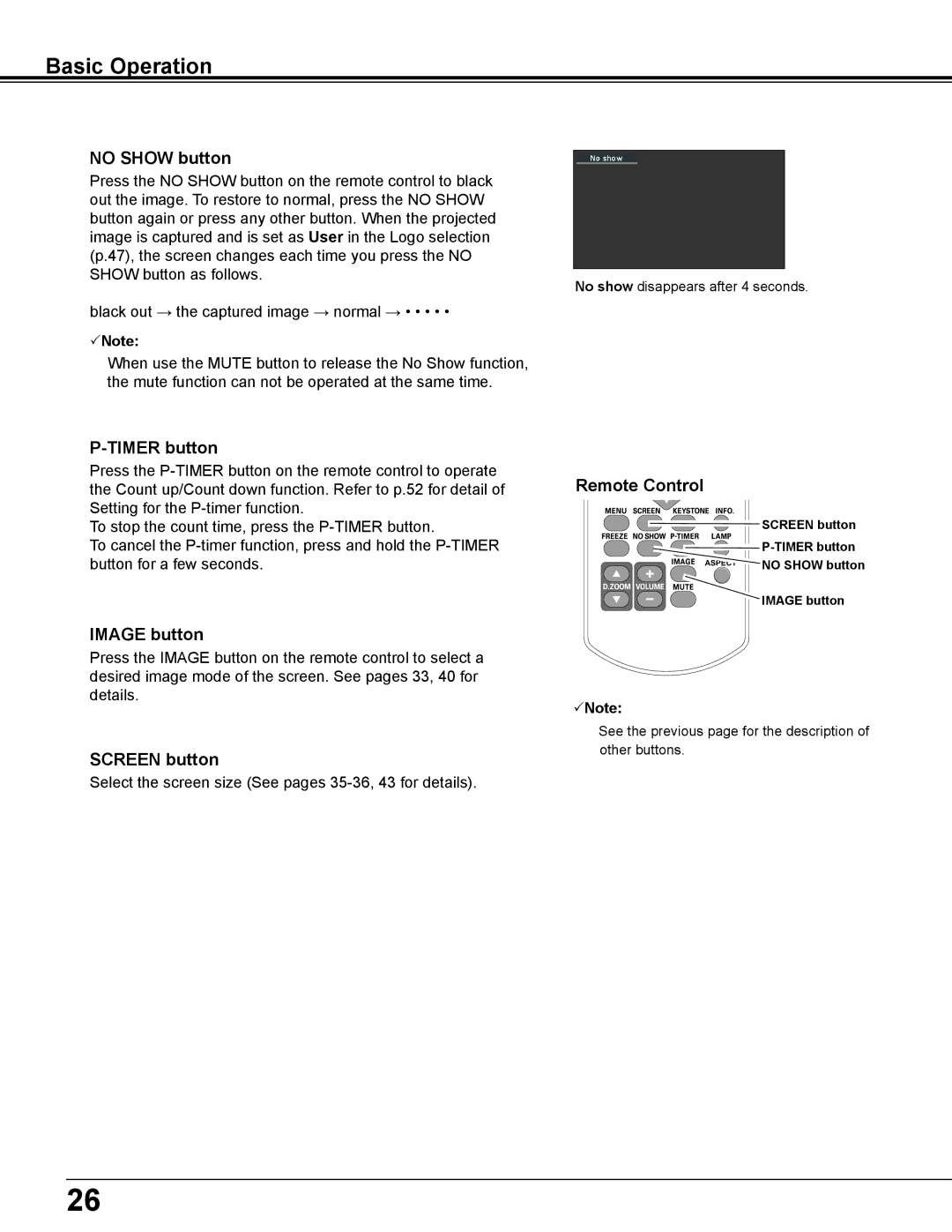 Sanyo PLC-WL2500 owner manual No Show button, Timer button, Image button, Screen button 