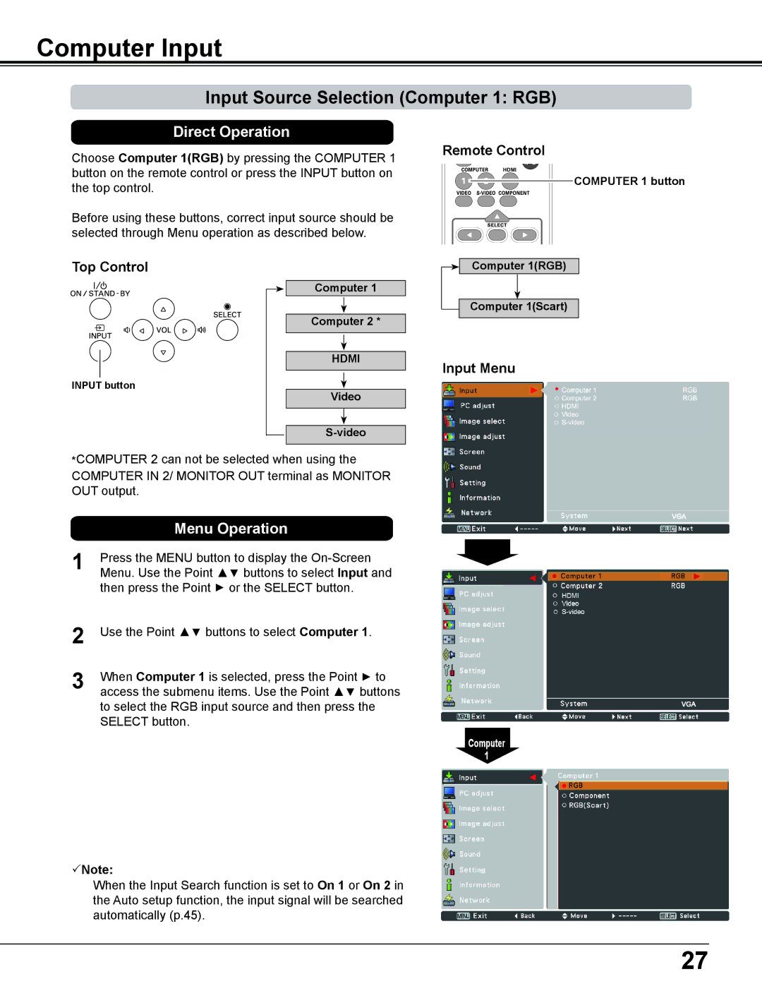 Sanyo PLC-WL2500 owner manual Computer Input, Input Source Selection Computer 1 RGB, Input Menu 