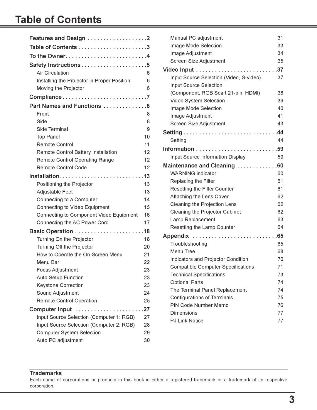 Sanyo PLC-WL2500 owner manual Table of Contents 