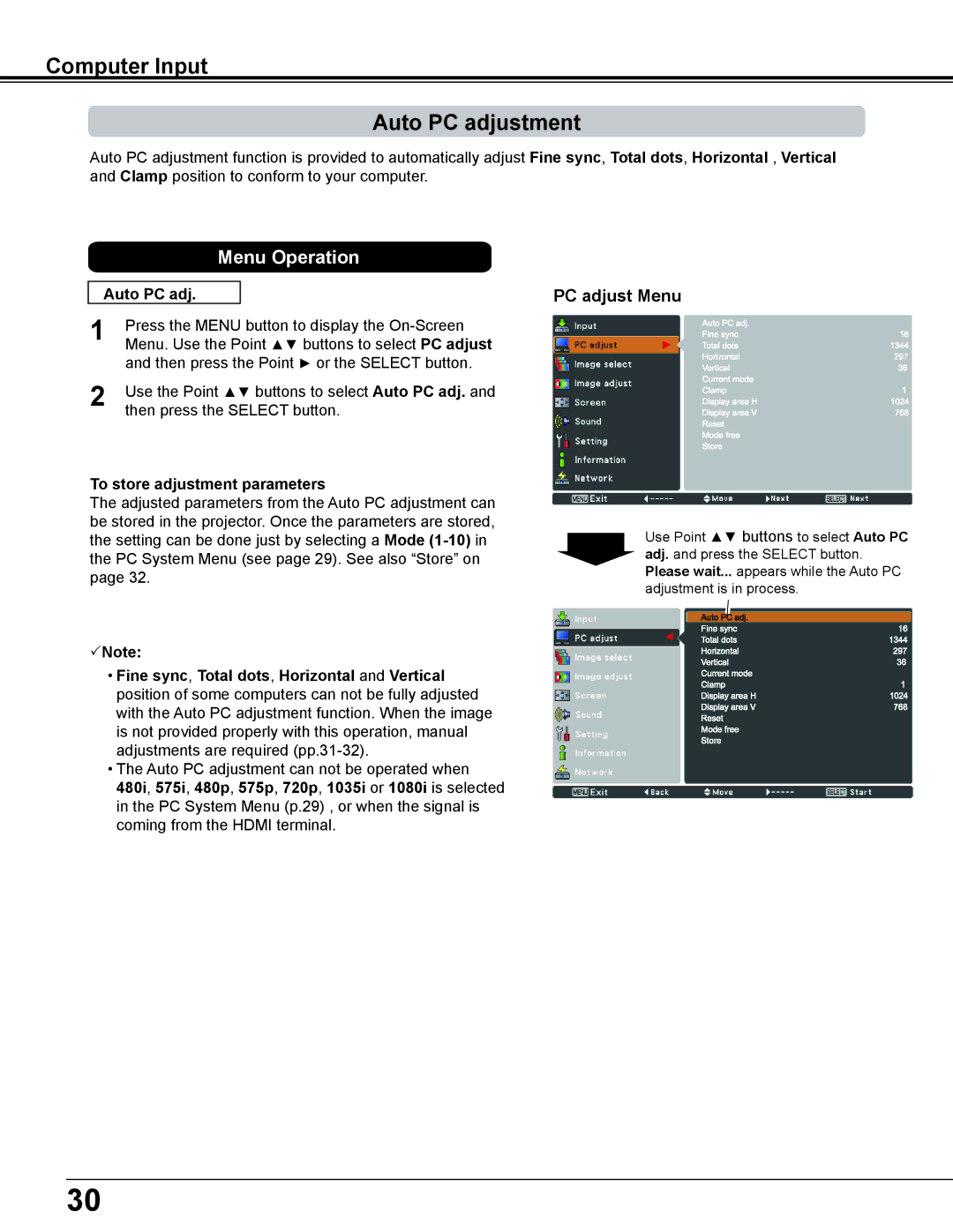 Sanyo PLC-WL2500 owner manual Computer Input Auto PC adjustment, PC adjust Menu, To store adjustment parameters 