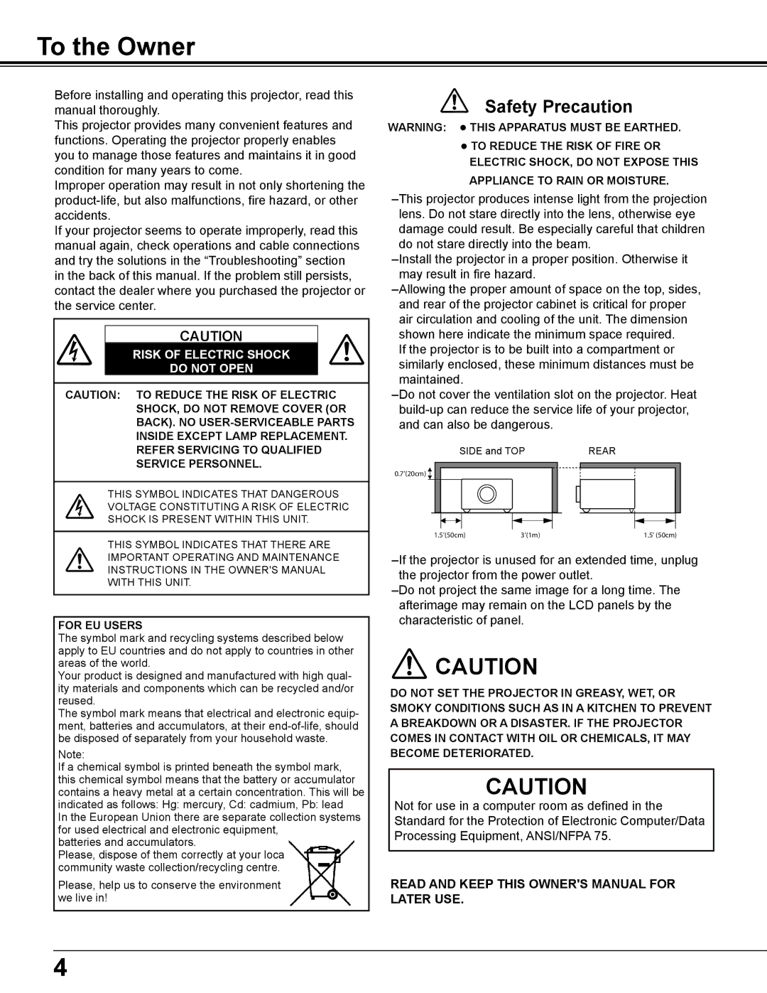 Sanyo PLC-WL2500 owner manual To the Owner, Safety Precaution 