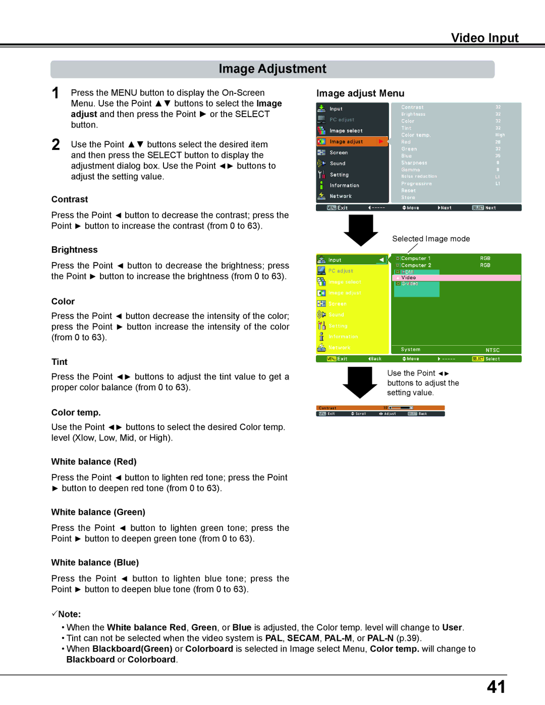 Sanyo PLC-WL2500 owner manual Video Input Image Adjustment, Image adjust Menu, Tint, Blackboard or Colorboard 