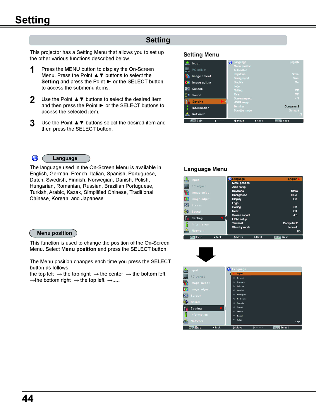 Sanyo PLC-WL2500 owner manual Setting Menu Language Menu, Menu position 