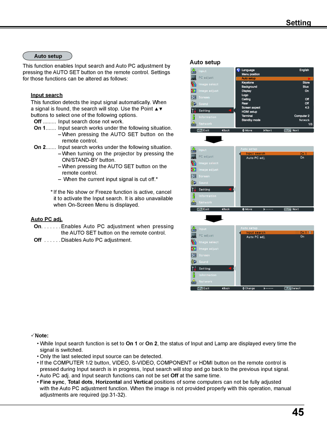 Sanyo PLC-WL2500 owner manual Auto setup, Input search 