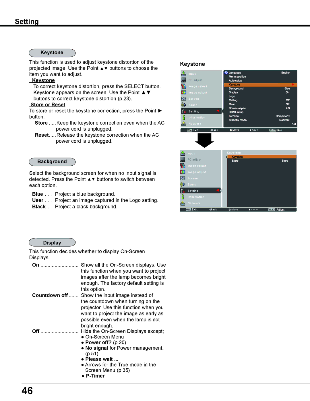 Sanyo PLC-WL2500 Keystone, Store or Reset, Background, Display, Countdown off, Power off? p.20, Please wait, Timer 