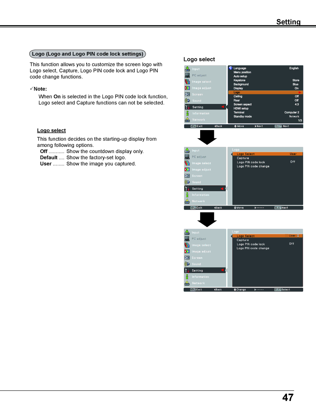 Sanyo PLC-WL2500 owner manual Logo select, Logo Logo and Logo PIN code lock settings, Default 