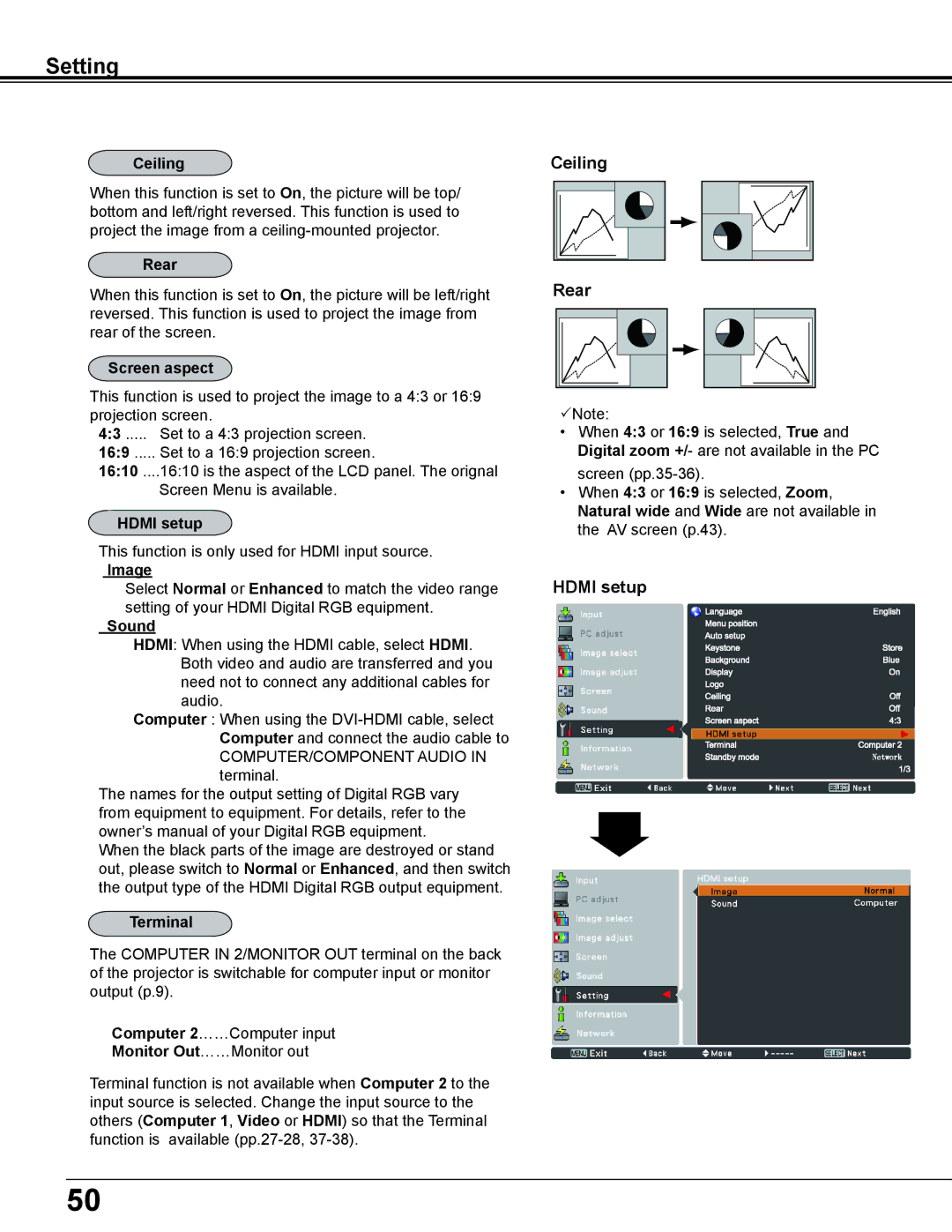 Sanyo PLC-WL2500 owner manual Ceiling Rear, Hdmi setup 