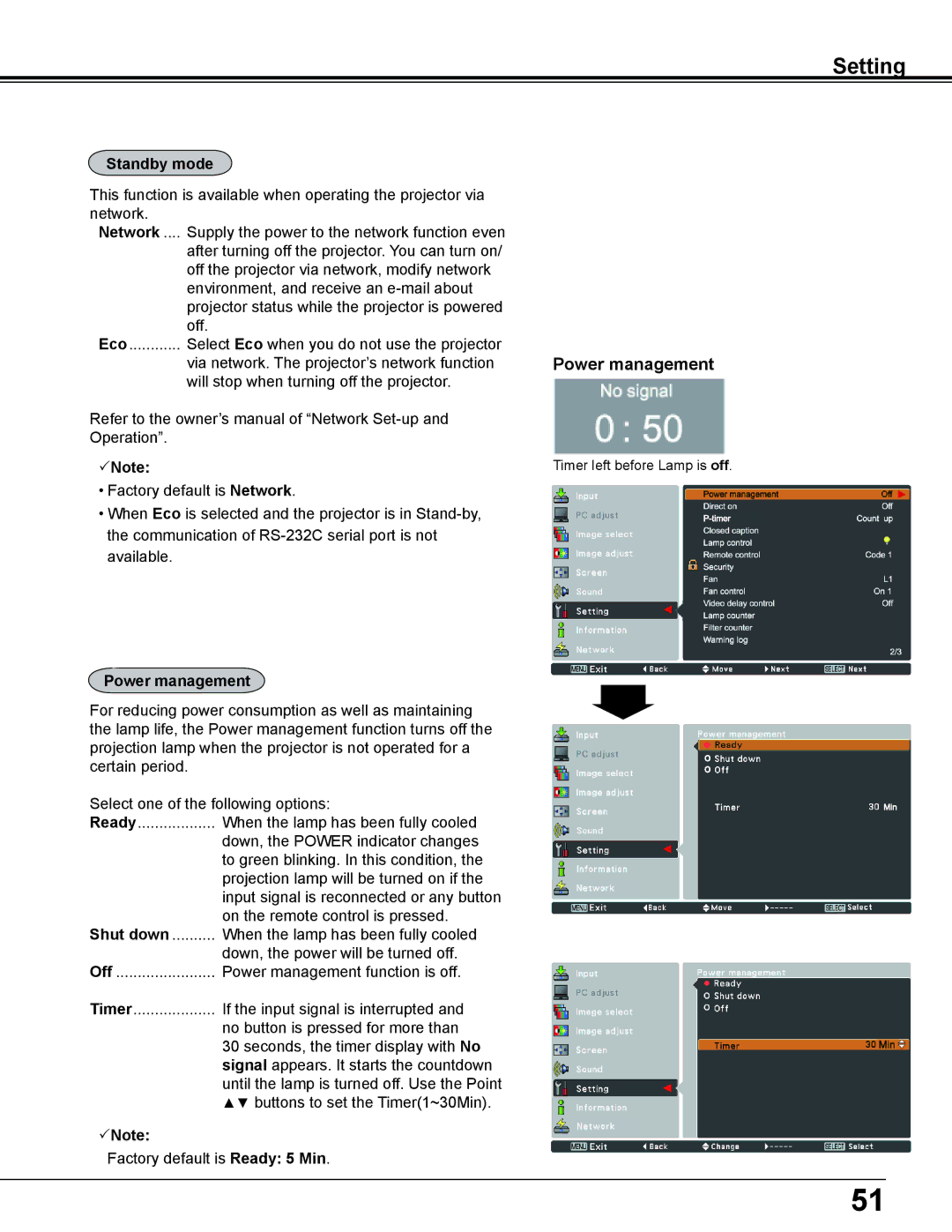 Sanyo PLC-WL2500 owner manual Power management, Standby mode 