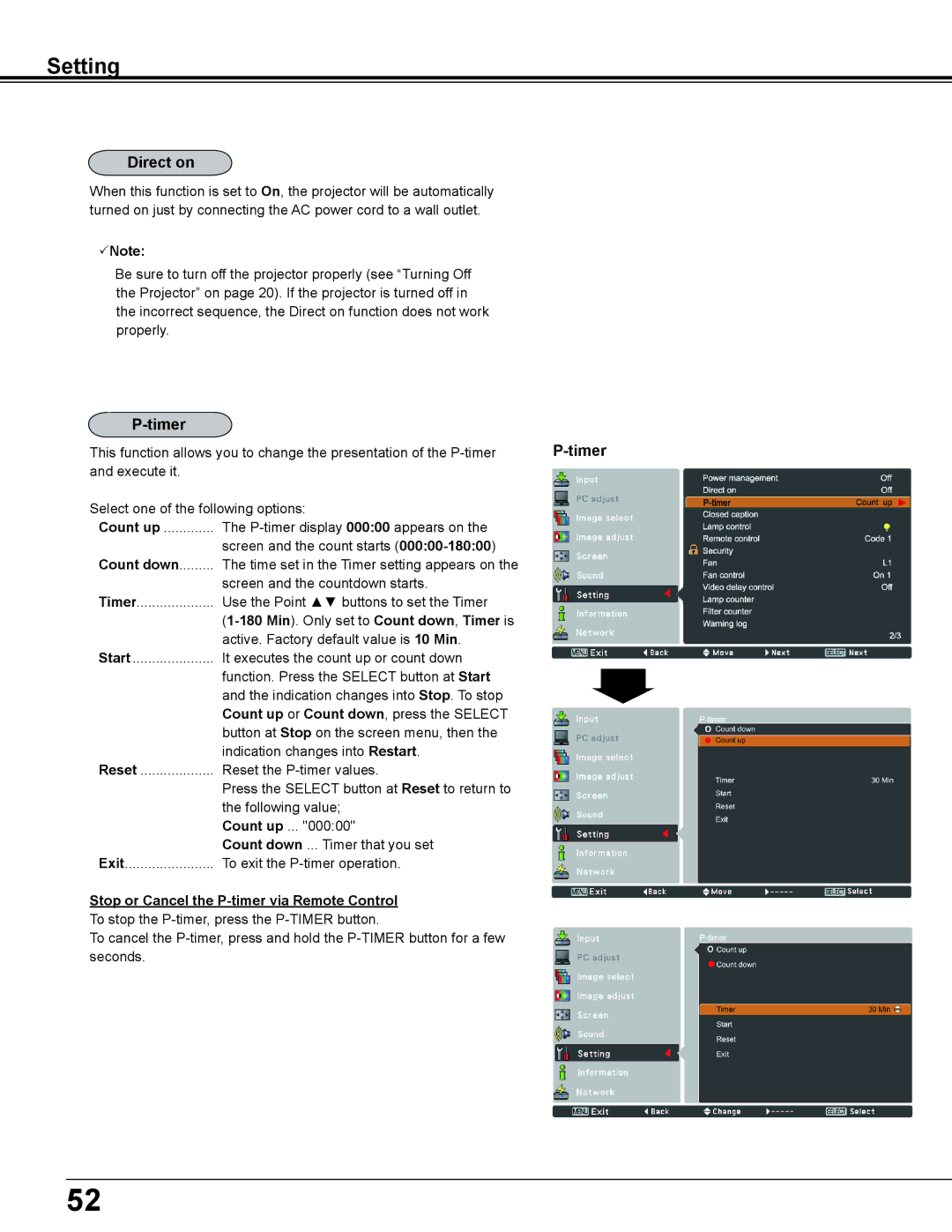 Sanyo PLC-WL2500 owner manual Direct on, Note, Min . Only set to Count down , Timer is 