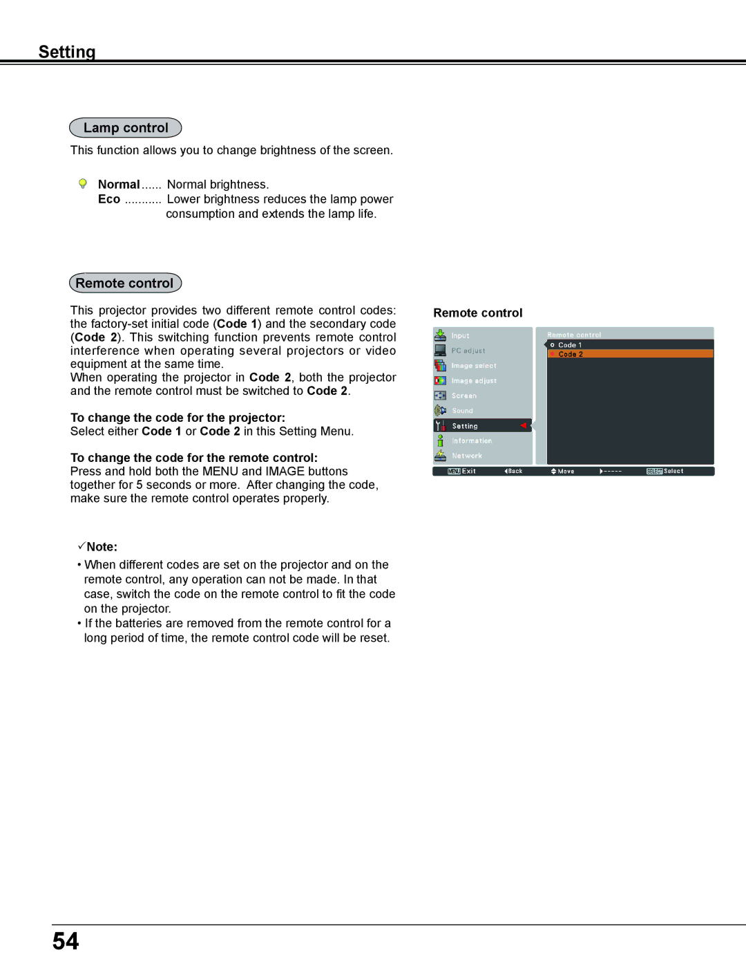 Sanyo PLC-WL2500 owner manual Lamp control, Remote control, To change the code for the projector 