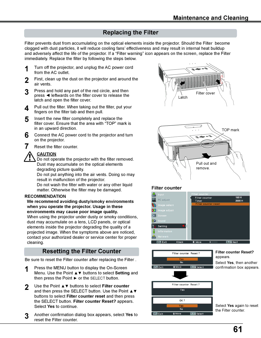 Sanyo PLC-WL2500 Maintenance and Cleaning Replacing the Filter, Resetting the Filter Counter, Filter counter Reset? 