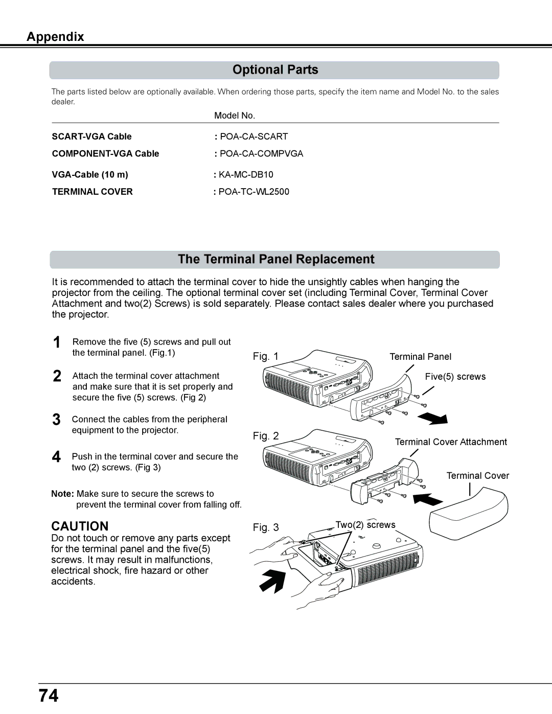 Sanyo PLC-WL2500 owner manual Appendix Optional Parts, Terminal Panel Replacement 