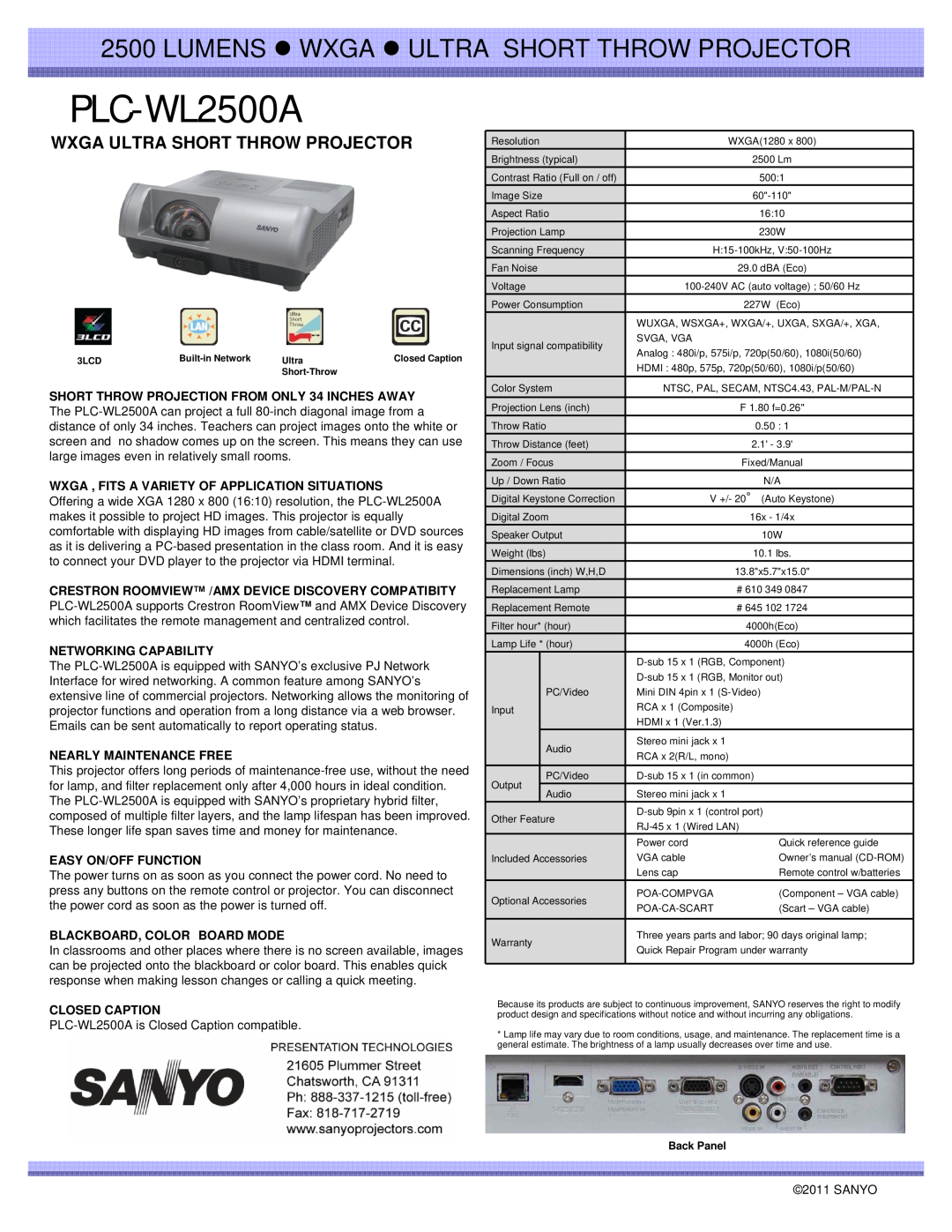 Sanyo PLC-WL2500A specifications LUMENS z WXGA z ULTRA SHORT THROW PROJECTOR, Wxga Ultra Short Throw Projector 