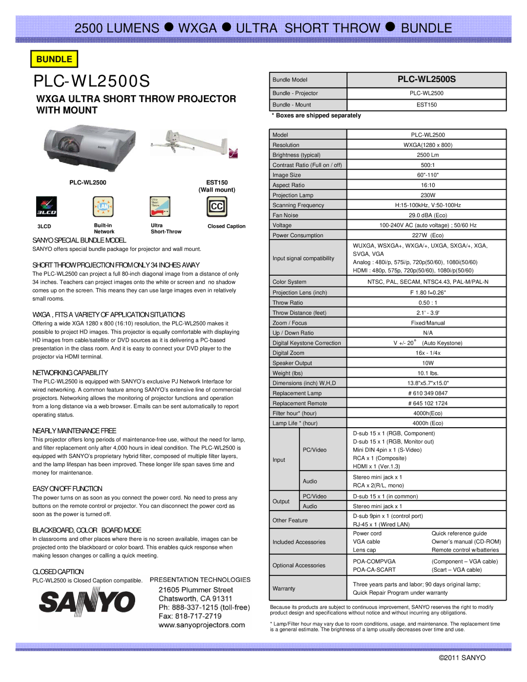 Sanyo PLC-WL2500S specifications Sanyo Special Bundle Model, Short Throw Projection from only 34 Inches Away 