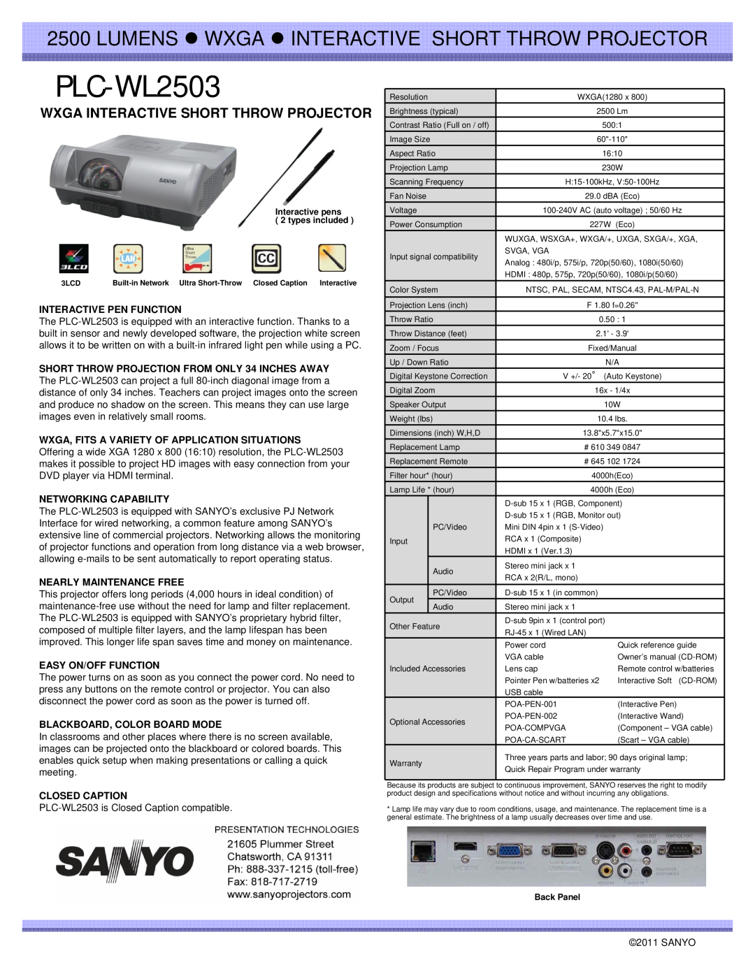 Sanyo PLC-WL2503 specifications Wxga Interactive Short Throw Projector, Interactive Pen Function, Networking Capability 