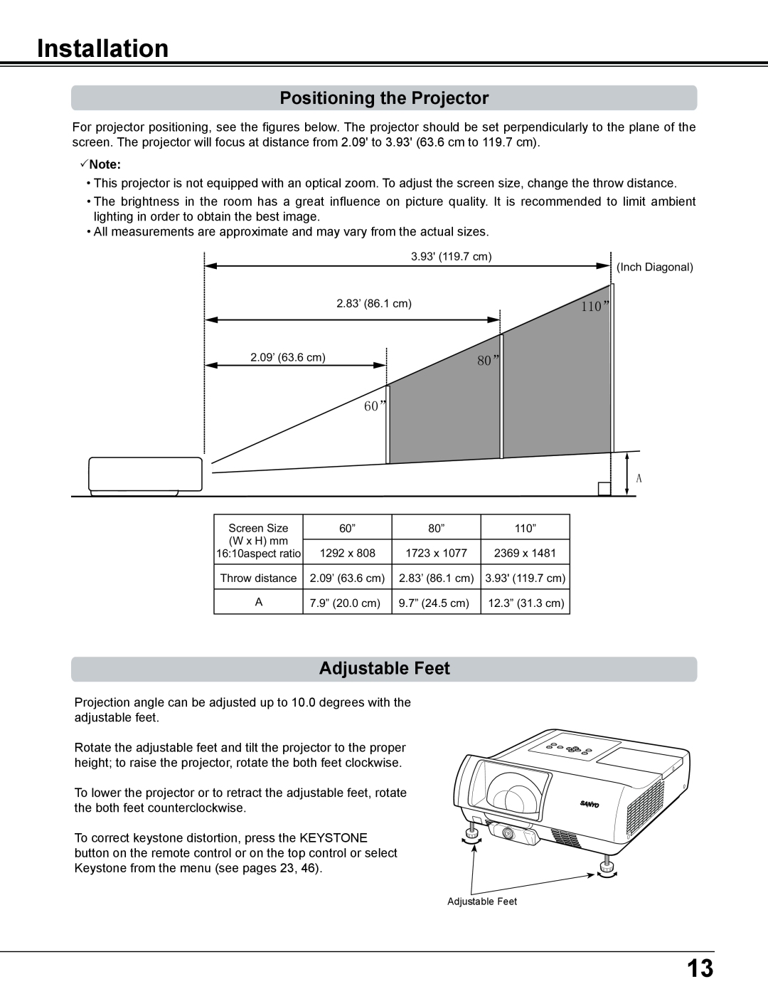 Sanyo PLC-WL2503A owner manual Installation, Positioning the Projector, Adjustable Feet, Note 