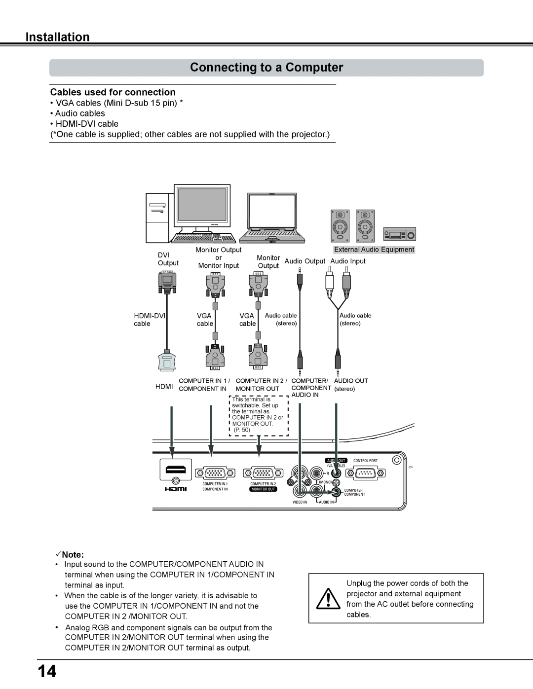 Sanyo PLC-WL2503A owner manual Installation Connecting to a Computer, Cables used for connection, Note 