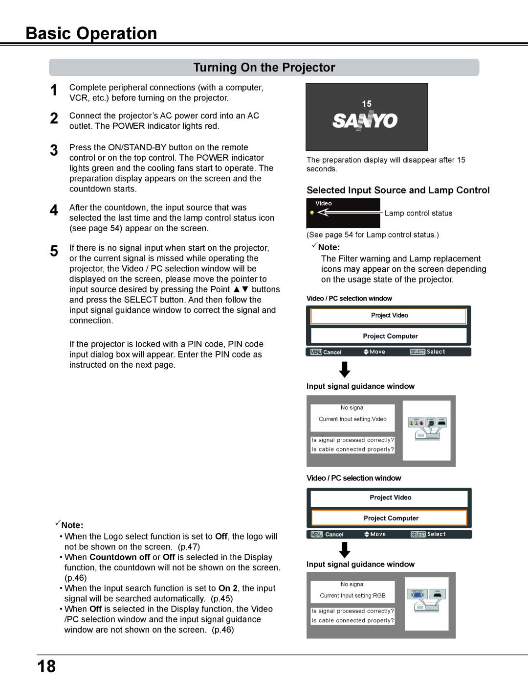 Sanyo PLC-WL2503A owner manual Basic Operation, Turning On the Projector, Note 