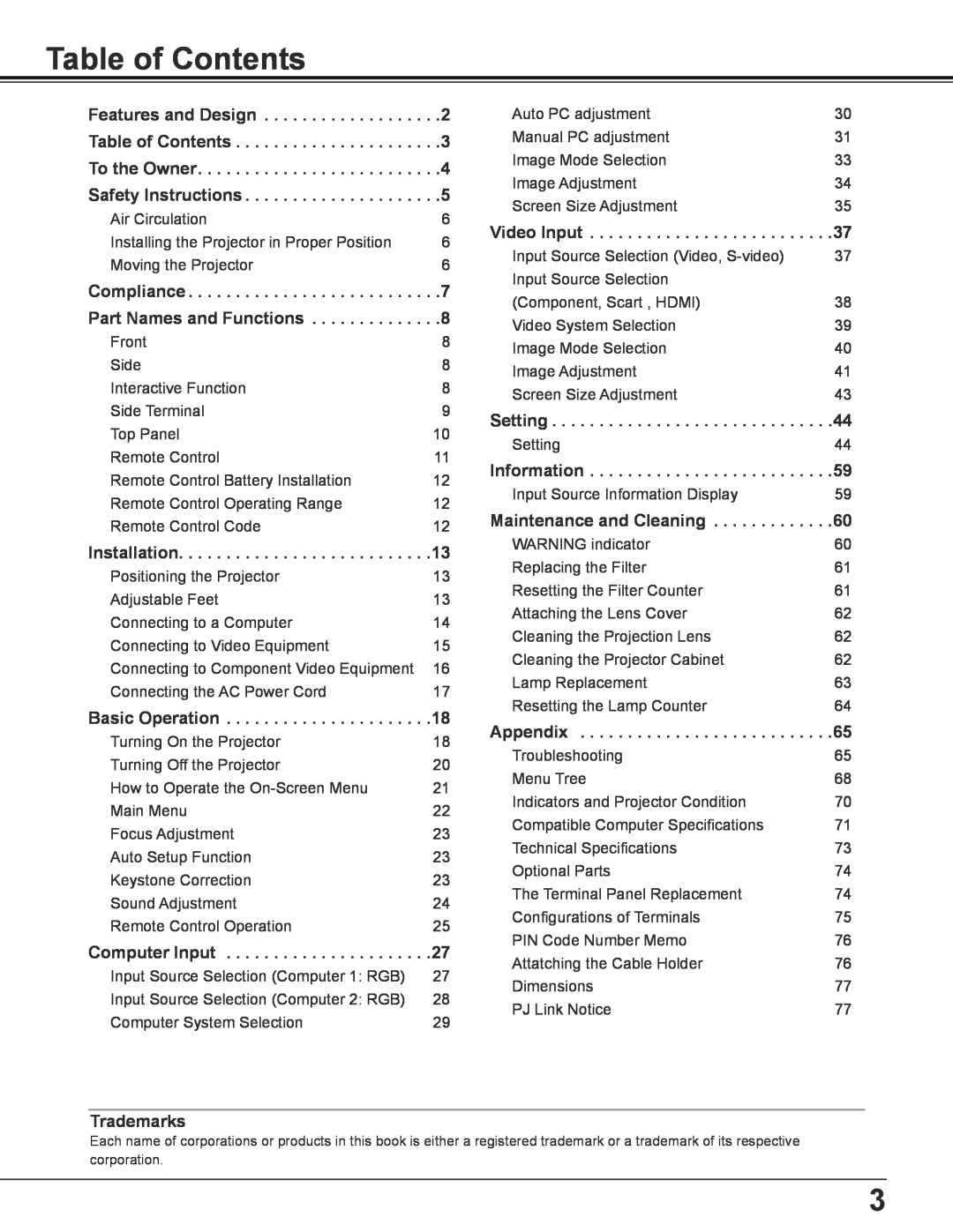 Sanyo PLC-WL2503A owner manual Table of Contents 