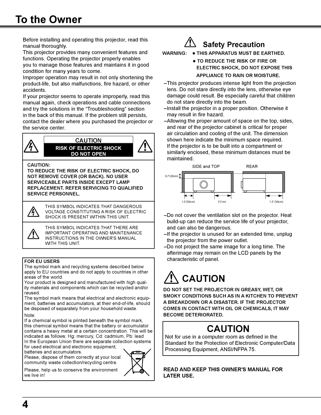 Sanyo PLC-WL2503A owner manual To the Owner, Safety Precaution, Risk Of Electric Shock Do Not Open 