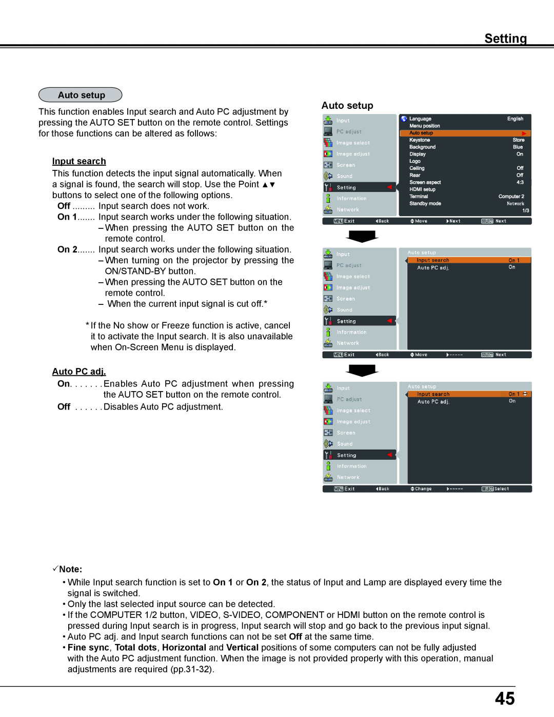 Sanyo PLC-WL2503A owner manual Setting, Auto setup, Input search, Auto PC adj, Note 