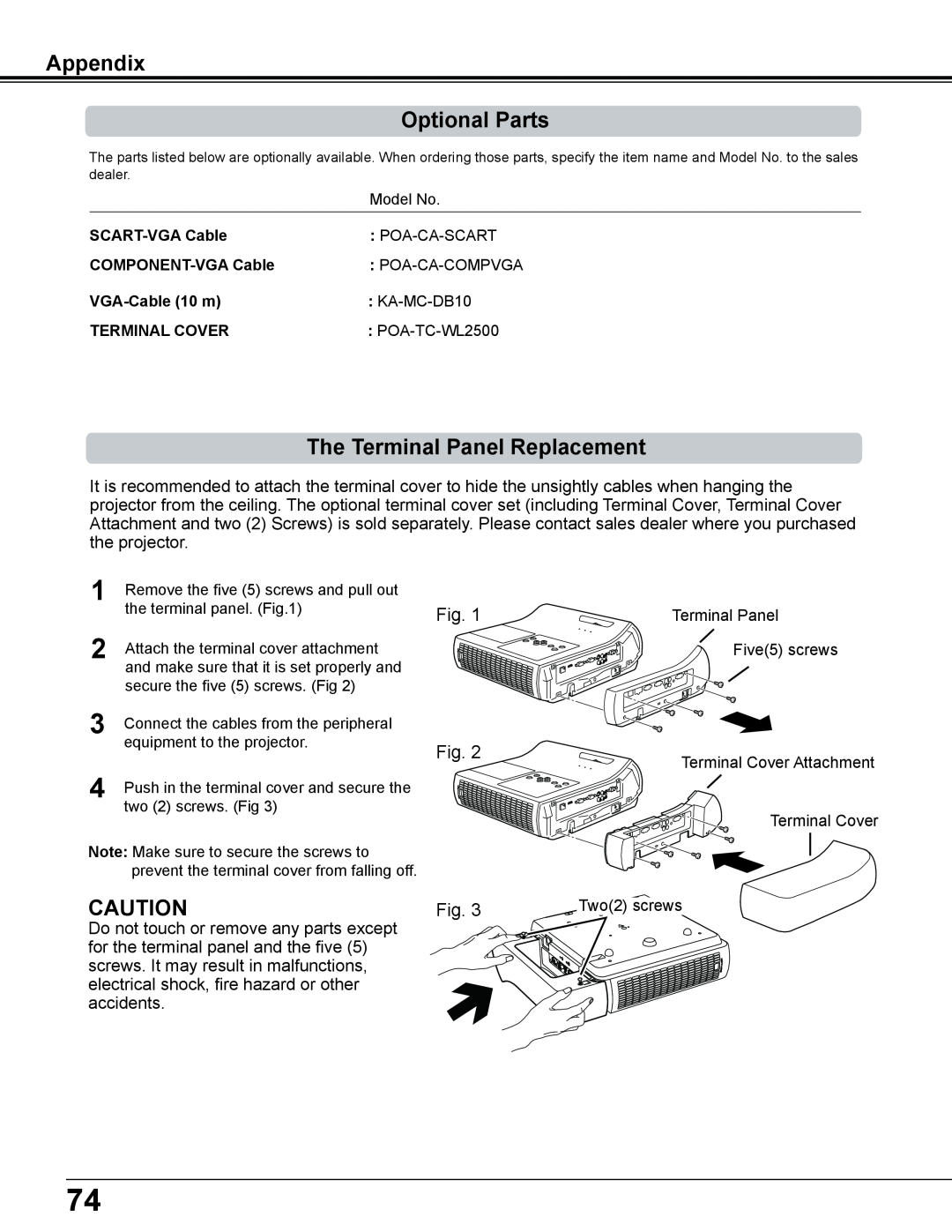 Sanyo PLC-WL2503A owner manual Appendix Optional Parts, The Terminal Panel Replacement, Two2 screws 
