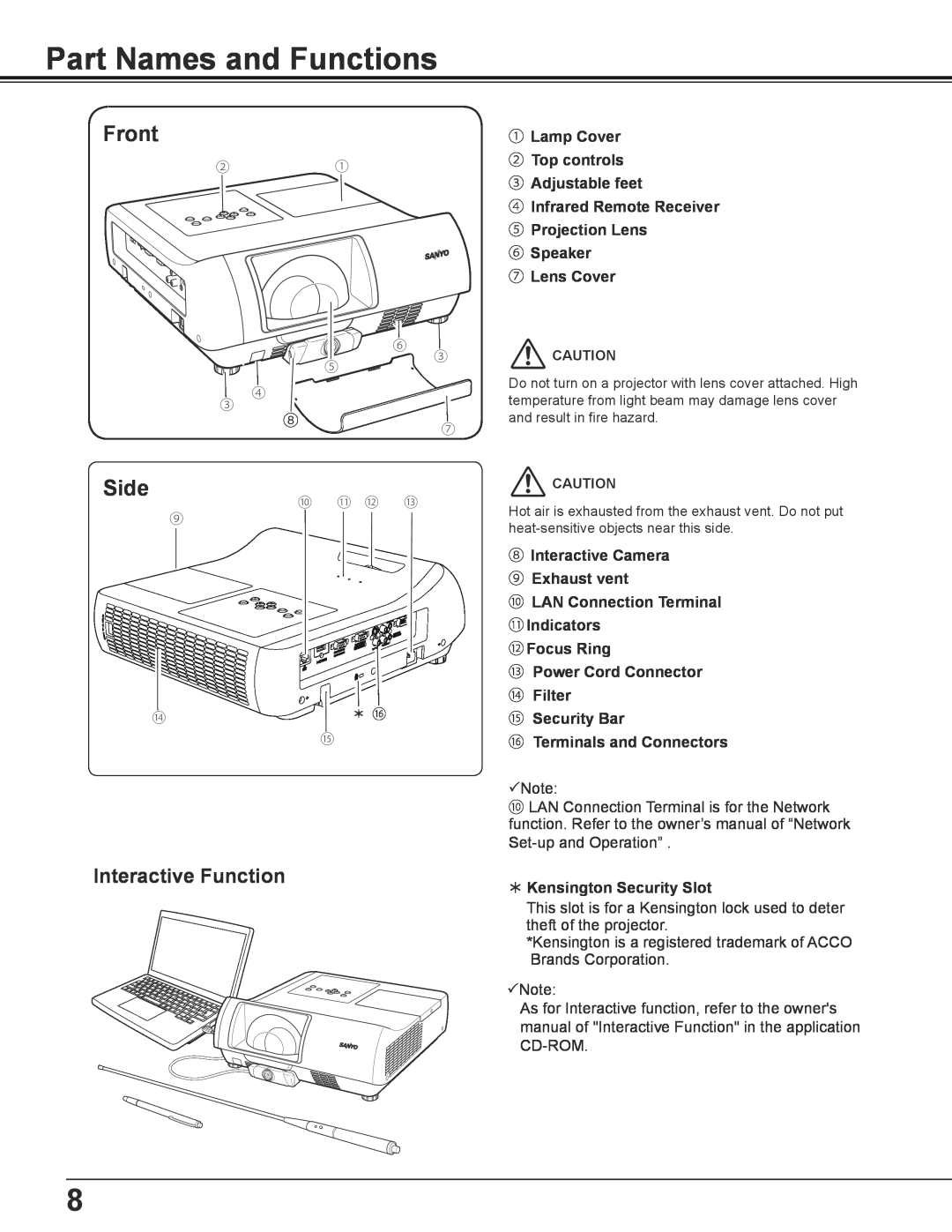 Sanyo PLC-WL2503A Part Names and Functions, Front, Side, Interactive Function, ⑮ Security Bar ⑯ Terminals and Connectors 