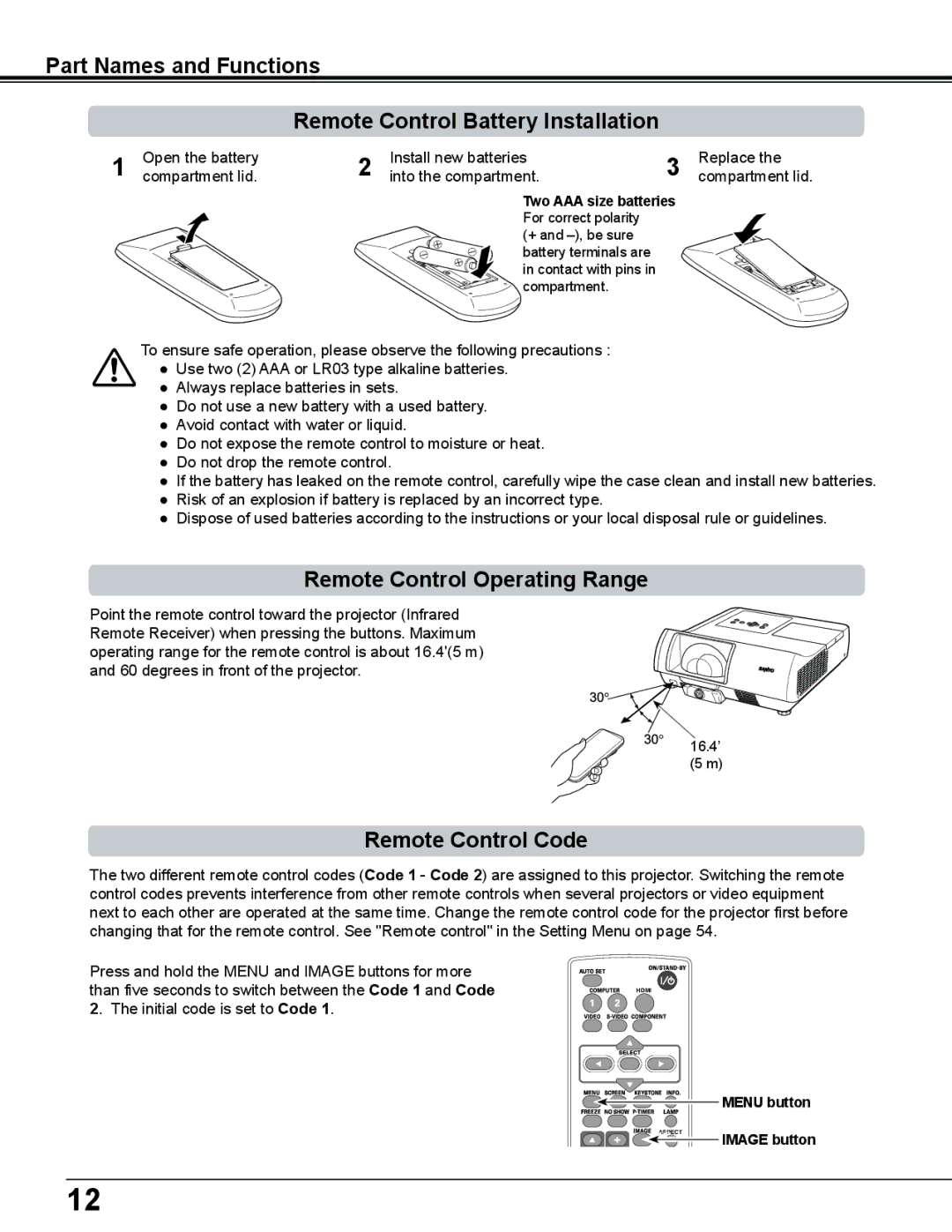 Sanyo PLC-WL2503A Remote Control Operating Range, Remote Control Code, Two AAA size batteries, Menu button Image button 