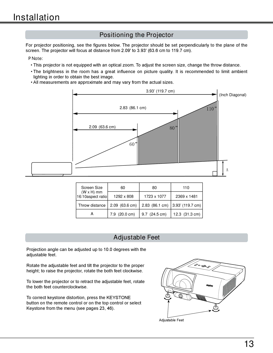 Sanyo PLC-WL2503A owner manual Installation, Positioning the Projector, Adjustable Feet 