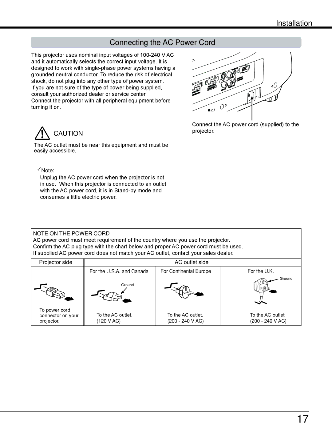 Sanyo PLC-WL2503A Installation Connecting the AC Power Cord, Projector side AC outlet side, For the U..S..A.. and Canada 