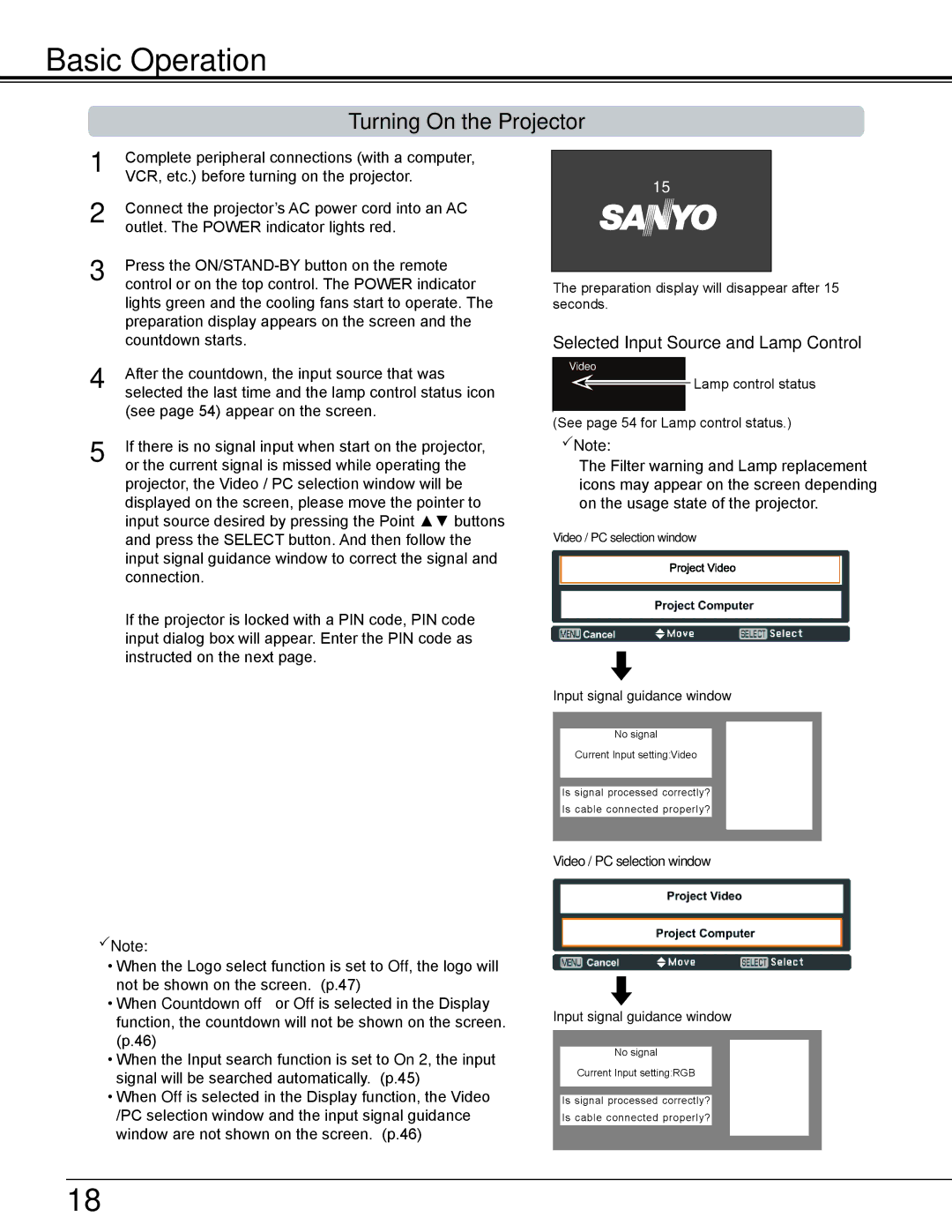 Sanyo PLC-WL2503A owner manual Basic Operation, Turning On the Projector, Selected Input Source and Lamp Control 