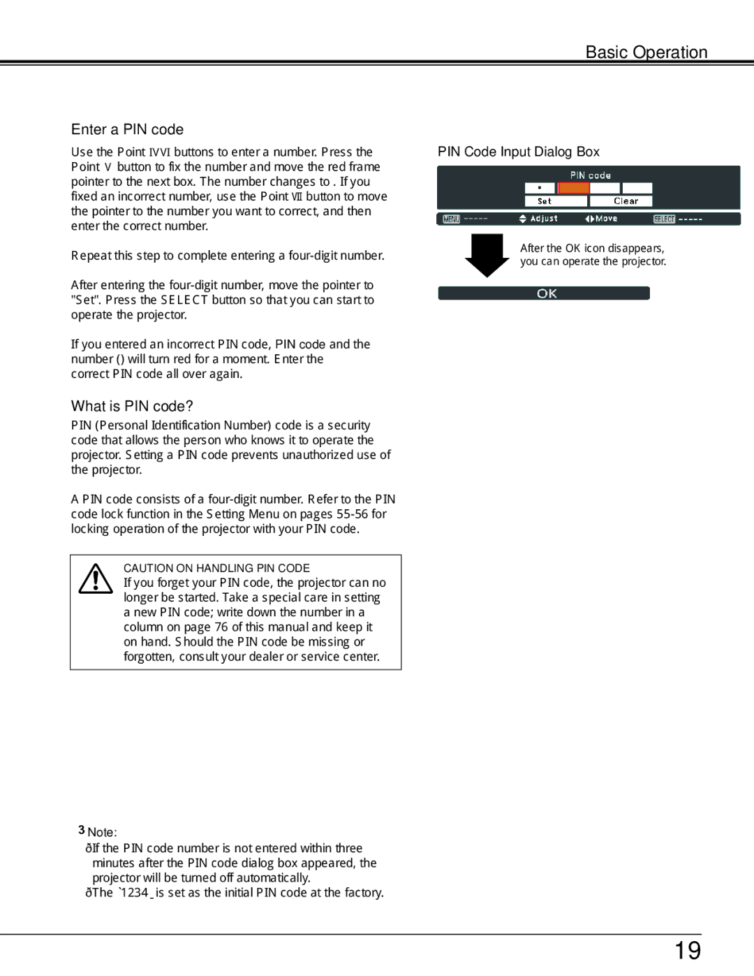 Sanyo PLC-WL2503A owner manual Basic Operation, PIN Code Input Dialog Box 