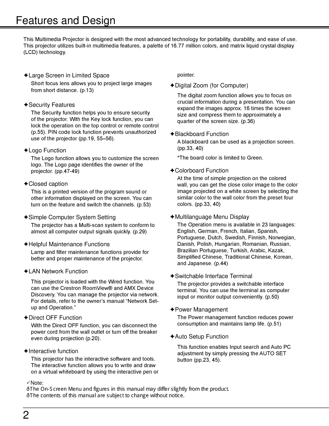 Sanyo PLC-WL2503A owner manual Features and Design 