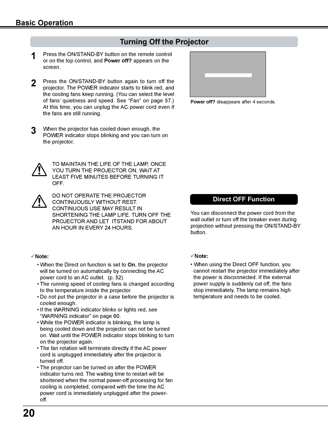 Sanyo PLC-WL2503A owner manual Basic Operation Turning Off the Projector, Direct OFF Function 