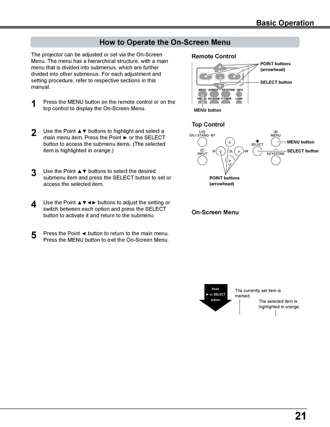 Sanyo PLC-WL2503A owner manual Basic Operation How to Operate the On-Screen Menu, Remote Control, Top Control 