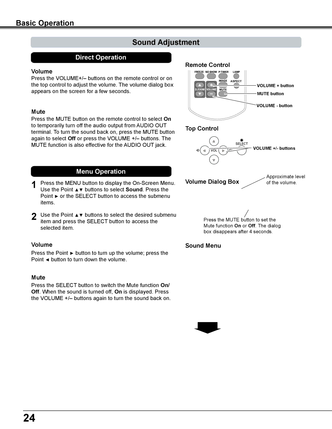 Sanyo PLC-WL2503A owner manual Basic Operation Sound Adjustment, Mute, Volume Dialog Box, Sound Menu 