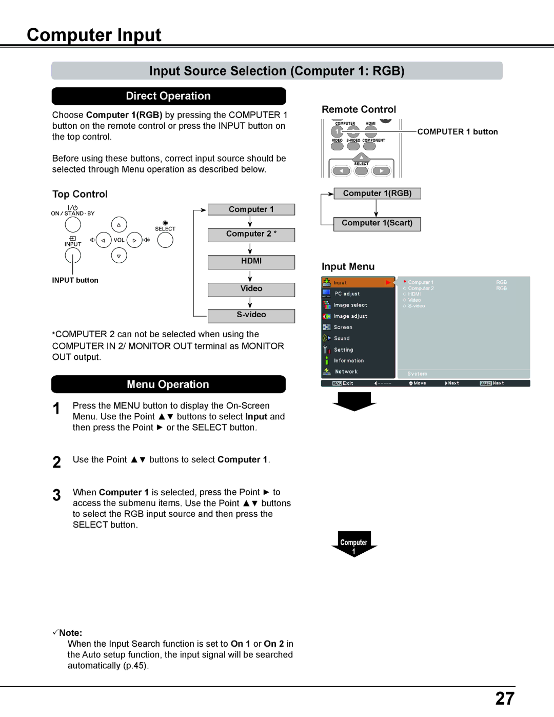 Sanyo PLC-WL2503A owner manual Computer Input, Input Source Selection Computer 1 RGB, Input Menu 