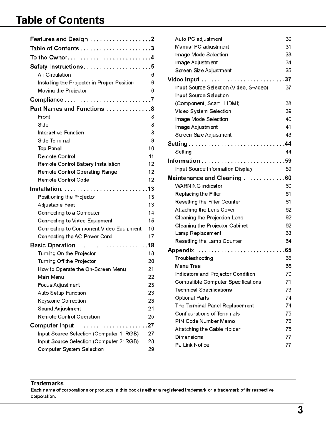 Sanyo PLC-WL2503A owner manual Table of Contents 